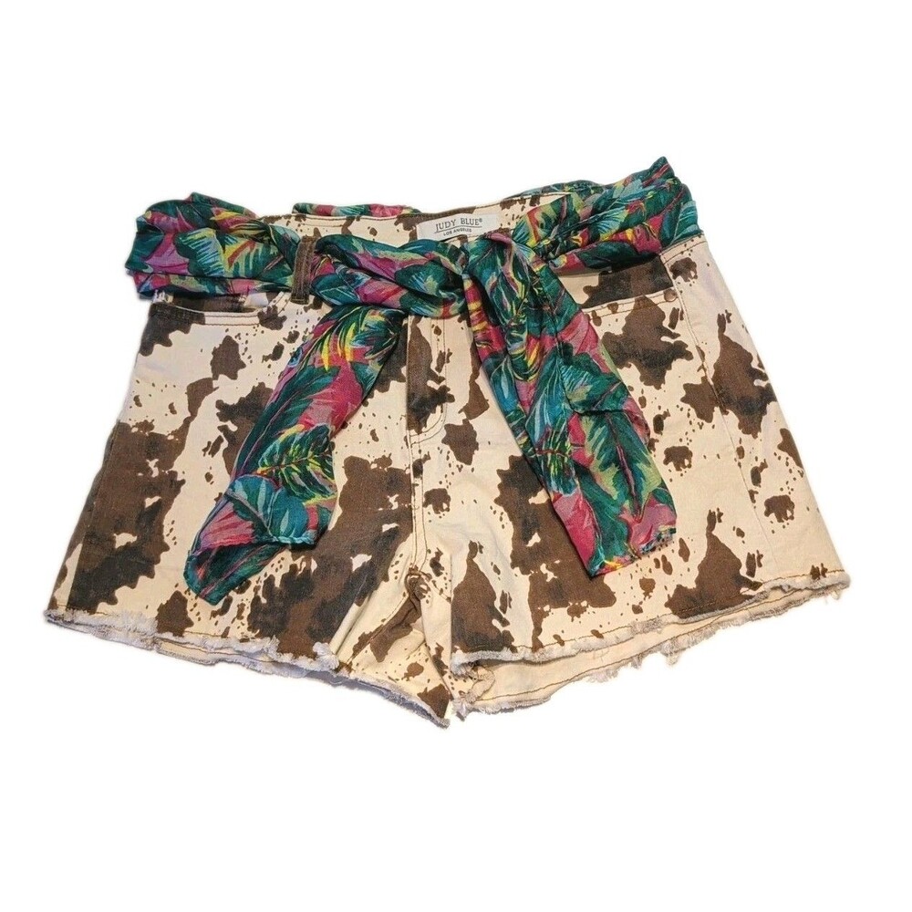 Judy Blue Custom Altered Cow Print Denim Shorts L Tropical Scarf Belt Boho OOAK